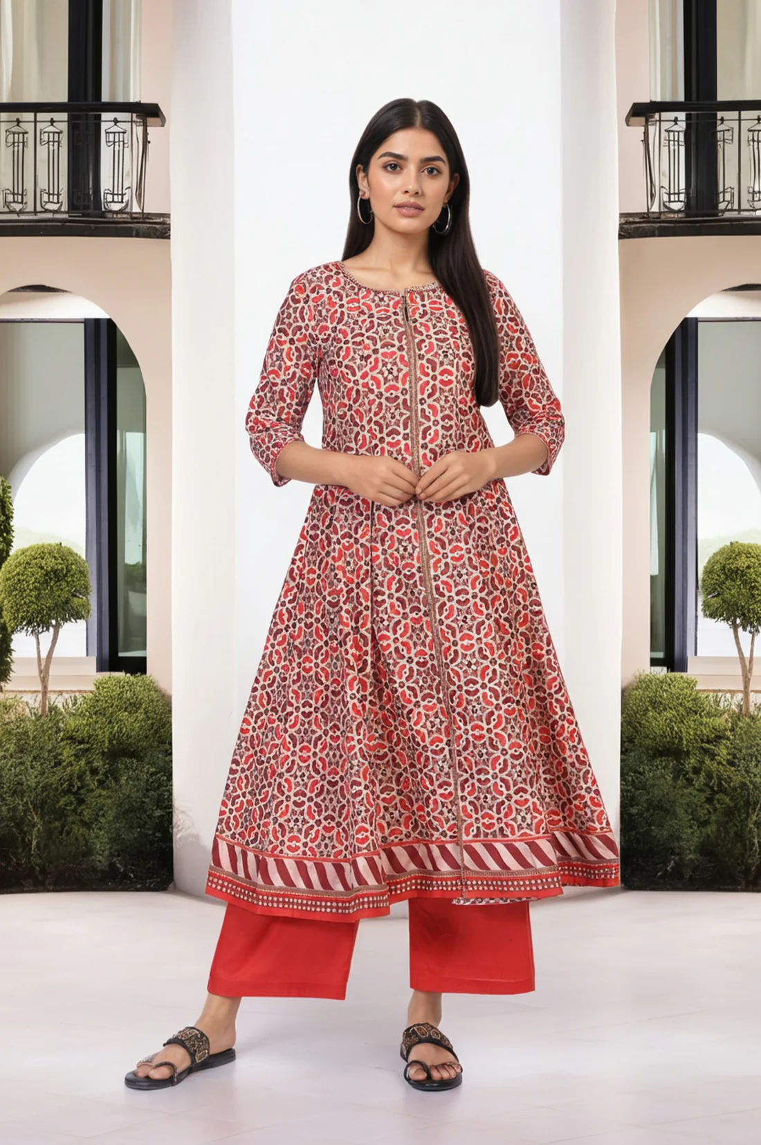 Red Geometric Printed Anarkali Cotton Kurta